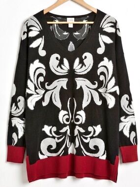 Chico’s Intarsia Knit Floral V-Neck Sweater Tunic Size XL Black White Red